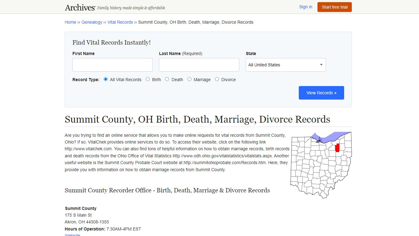 Summit County, OH Birth, Death, Marriage, Divorce Records